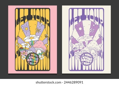 retro 60s posters with illustrations of flowers and mushrooms, vector illustration