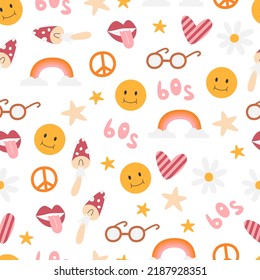 Retro 60s related seamless pattern isolated on white. Textile vintage style print design with smiley, rainbow, hippie and peace elements. Nostalgic repeated background. Hand drawn vector illustration