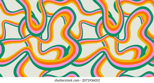 Retro 60s style rainbow seamless pattern with pastel color stripes. Pink wave cartoon background.