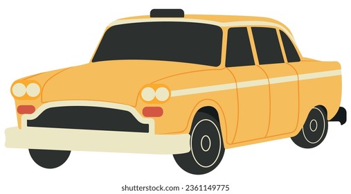 Retro 60s Yellow American Taxi Cab in Flat Style. Classic Vintage Taxi Isolated on White Background	