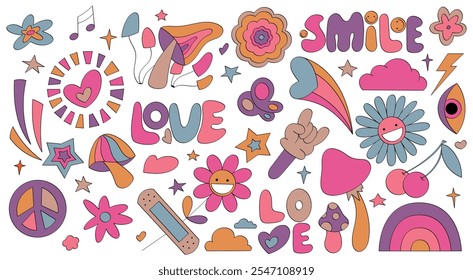 Retro 60s-70s style Set. Bright illustrations: flowers, mushrooms, hearts, rainbows, peace signs, and words "LOVE" and "SMILE". Perfect for posters, stickers, and hippie-inspired nostalgic designs