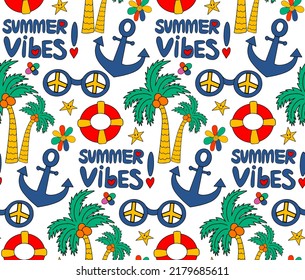 Retro 70 vibe summer. Colorful seamless summer pattern with hand drawn beach elements. Fashion print design, vector illustration