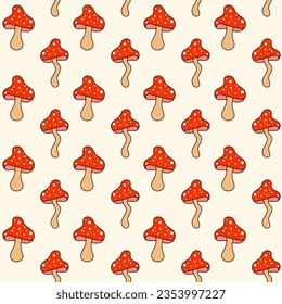 Retro 70s 60s 80s Hippie Groovy mushrooms fly agarics seamless pattern. Vector illustration. Boho style background.