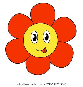 La retro 70's 60's 80s Hippie Groovy adorable flor muestra la lengua. Cara sonriente. Potencia de las flores. Ilustración vectorial aislada en un fondo blanco.