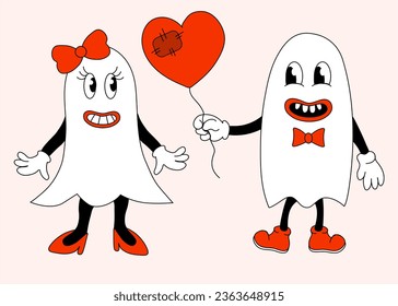 Retro 70s 60s 80s Hippie Groovy Halloween Ghosts girl and boy in love. Gift heart balloon. Vector flat.