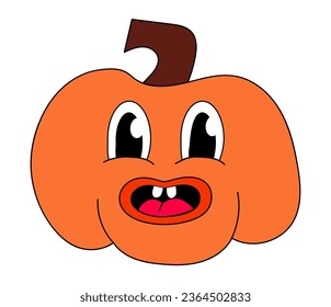 Retro 70s 60s 80s Hippie Groovy Halloween cute smile pumpkin. Vector flat illustration.