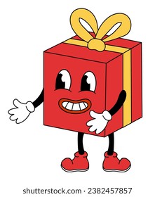 Retro 70s 60s 80s Hippie Groovy Christmas Gift Box Character. Vector flat illustration.