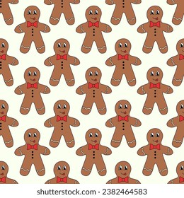 Retro 70s 60s 80s Hippie Groovy Christmas Winter Pattern with Gingerbread Cookie Man. Vector flat illustration.