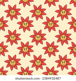 Retro 70s 60s 80s Hippie Groovy Christmas Poinsettia Flower. Vector flat illustration.