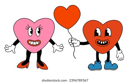 Retro 70s 60s 80s Hippie Groovy Valentine day lovely Hearts Characters girl and boy. Give balloon. Mascots in Funky trendy cartoon style. Vector flat illustration.