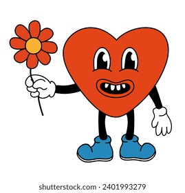 Retro 70s 60s 80s Hippie Groovy Valentine day lovely Heart Character boy give flower. Mascot in Funky trendy cartoon style. Vector flat illustration.