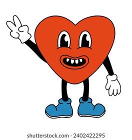 Retro 70s 60s 80s Hippie Groovy Valentine day lovely Heart Character boy show peace sign. Mascot in Funky trendy cartoon style. Vector flat 