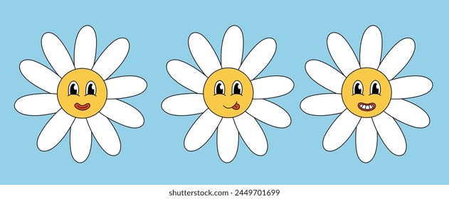 Retro 70s 60s 80s Hippie Groovy cute Daisy Flowers Set. Smiling face. Collection Chamomile Flower power elements. Vector illustration isolated on blue background.