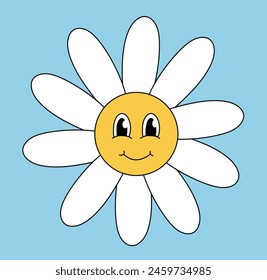 Retro 70s 60s 80s Hippie Groovy cute Daisy Flower. Smiling face. Chamomile Flower power element. Vector illustration isolated on blue background.