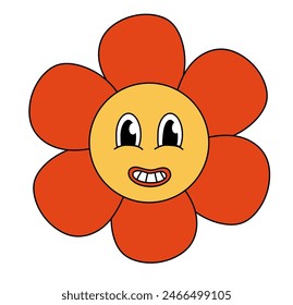 Retro 70er 60er 80er Jahre Hippie Groovy süße rote Blume. Lächelndes Gesicht. Flower Power Element. Vektorillustration isoliert auf weißem Hintergrund.