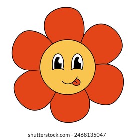 Retro 70s 60s 80s Hippie Groovy cute Red Flower. Smiling face with tongue. Flower power element. Vector illustration isolated on a white background.