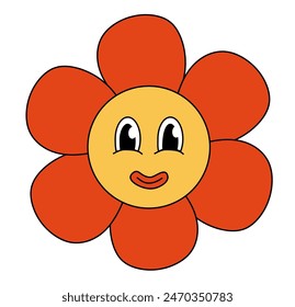 Retro 70s 60s 80s Hippie Groovy cute Red Flower. Smiling face. Flower power element. Vector illustration isolated on a white background.