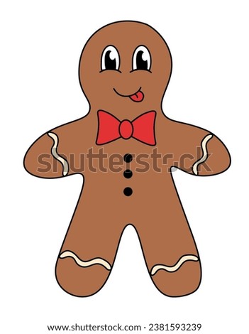 Retro 70s 60s 80s Hippie Groovy Christmas Gingerbread Cookie Man Character snow tongue. Vector flat illustration.