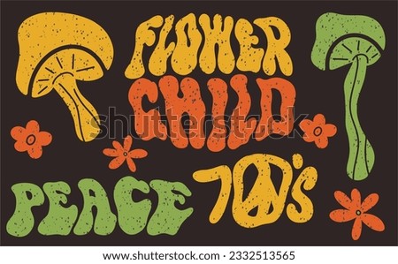 Retro 70s 60s, clockwork mushrooms, flowers and lettering, tattoo sketch, vector illustration. Boho hippie stickers set.
