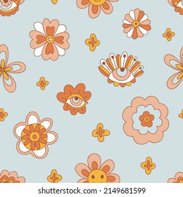 Retro 70s 60s Evil Eye Floral Hippie Summer Groovy Flower Power Vector Seamless Pattern. Boho Flower Child Vibes Background. Bohemian Retro Colours Flora Blue Backdrop Surface Design.