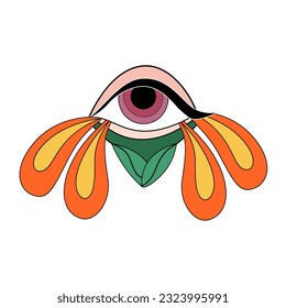 Retro 70s 60s Evil Eye Floral Hippie Summer. Boho, bohemian, vintage. The concept of psychedelic. Vector flat illustration isolated background.