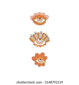 Retro 70s 60s Floral Evil Eye Hippie Summer Groovy Flower Power vector illustration set isolated on white. Boho retro colours Flower child vibes esoteric talisman print collection.