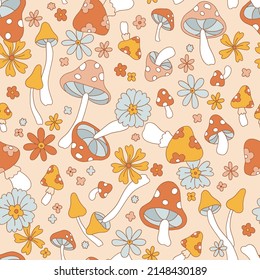 Retro 70s 60s Floral Hippie Mushrooms Summer Groovy Flower Power vector seamless pattern. Boho retro colours whimsical fly agaric ligt pink background fungus surface design.