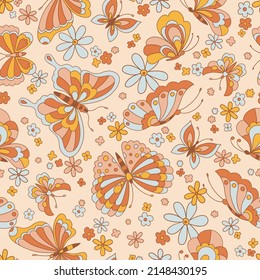 Retro 70s 60s Floral Hippie Summer Groovy Butterfly Flower Power Flower Child vector seamless pattern. Boho natural retro colours butterflies among flowers pink background surface design.
