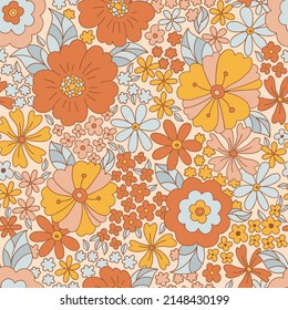 Retro 70s 60s Floral Hippie Summer Groovy Flower Power Flower Child vector seamless pattern. Boho Summer retro colours flower bouquet light background surface design.