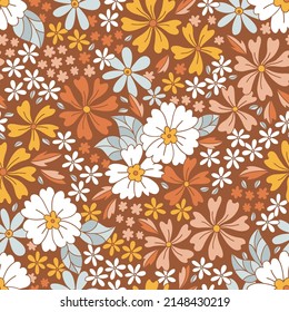 Retro 70s 60s Floral Hippie Summer Groovy Flower Power Flower Child Vector Seamless Pattern. Boho Summer Retro Colours Flower Bouquet Dark Background Surface Design.