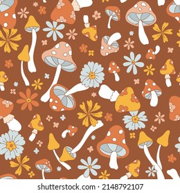 Retro 70s 60s Floral Hippie Mushrooms Summer Groovy Flower Power vector seamless pattern. Boho retro colours whimsical fly agaric dark background fungus surface design.