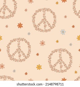 Retro 70s 60s Floral Hippie Summer Peace Sign Groovy Flower Power Flower Child vector seamless pattern. Boho light pink background flora pacifist symbol wreath surface design.