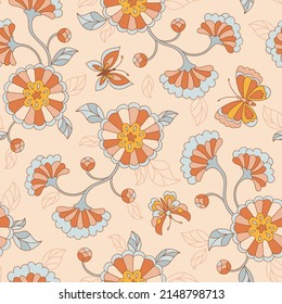 Retro 70s 60s Floral Hippie Summer Groovy Flower Power Flower Child vector seamless pattern. Boho Summer retro colours flower bouquet pink background surface design.