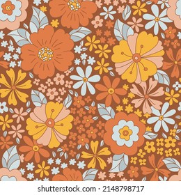 Retro 70s 60s Floral Hippie Summer Groovy Flower Power Flower Child vector seamless pattern. Boho Summer retro colours flower bouquet dark background surface design.