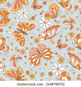 Retro 70s 60s Floral Hippie Summer Groovy Butterfly Flower Power Flower Child vector seamless pattern. Boho natural retro colours butterflies among flowers blue background surface design.