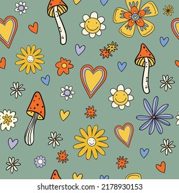 Retro 70s 60s Floral Hippie Mushrooms   Groovy Flower Power vector seamless pattern. Boho retro  green background fungus surface design.