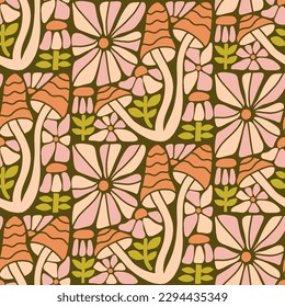 Retro 70s 60s Floral Hippie Mushrooms and Flowers Summer Groovy seamless pattern. Boho retro colours whimsical fly agaric on dark green background. Vector Trippy fungus surface design.