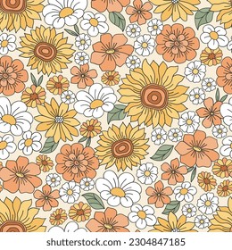 Hippie flowers boho seamless background. floral retro pattern