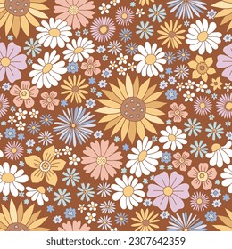 Retro 70s 60s Floral Hippie Verano Groovy Flor de flor vectorial patrón sin fisuras. El Boho Summer retro colores floridos ramo diseño de la superficie de fondo oscuro.