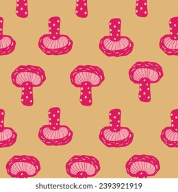 Retro 70s 60s Floral Hippie Mushrooms Summer Groovy Flower Power vector seamless pattern. Boho retro colours whimsical fly agaric sapricot background fungus surface design.