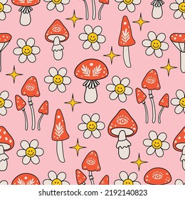 Retro 70s 60s groovy floral hippie mushrooms flower power vector seamless pattern. Boho retro fly agaric mushrooms, vintage daisy and stars. Fun texture for surface design, wallpaper, paper, textile