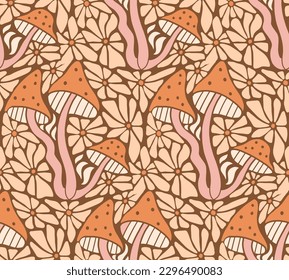 Retro 70s 60s groovy floral hippie mushrooms and flowers seamless pattern. Boho colors retro fly agaric and vintage daisy. Vector simle flat texture for surface design, paper, textile.