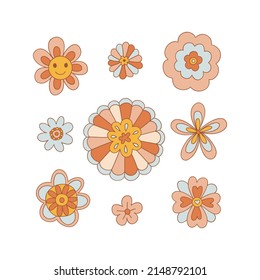 Retro 70s 60s Groovy Hippie Flowers Floral Daisy Happy Smile Face vector illustration set isolated on white. Boho Summer Retro colours Flora print collection for tee shirt or fashion fabric.