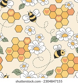 Retro 70s 60s groovy dibujo animado hippie flor abeja honeycomb patrón sin fisuras. Verano de fondo de amor miel. Diseño de superficie estética de abee