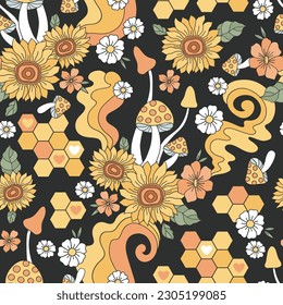 Retro 70s 60s groovy hippie flower mushrooms honeycomb vector seamless pattern. Summer honey lover background. Bee aesthetic surface design