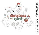 Retro 70s 60s Hippie Groovy Christmas spirit Ghost snowflakes vector illustration set isolated on white. Xmas White sheet spook Santa Deer Snowman print for T-shirt design.
