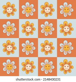 Retro 70s 60s Hippie Groovy Checkerboard Floral Daisy Happy Smile Face vector seamless pattern. Boho Flower child Flower power vibes background. Geometric naive floret surface design.