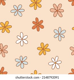 Retro 70s 60s Hippie Groovy Floral naive Daisy vector seamless pattern. Boho Flower child Flower power vibes background. Bohemian retro colours childish floret pink backdrop surface design.