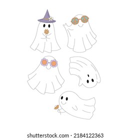 Retro 70s 60s Hippie Groovy Halloween Ghost vector illustration set isolated on white. Flower power peace sign shades witch hat spook print collection for T-shirt design.