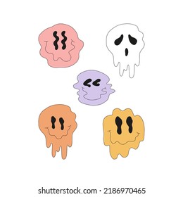 Retro 70s 60s Hippie Groovy Melting Smile Faces vector illustration set isolated on white. Funny Halloween meltdown emotional icons print collection for T-shirt design.